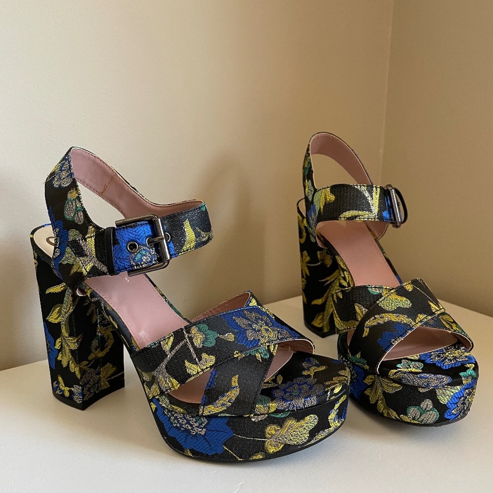 **HARDLY WORN** Floral Embroidered Chunky Heel Platform Sandals